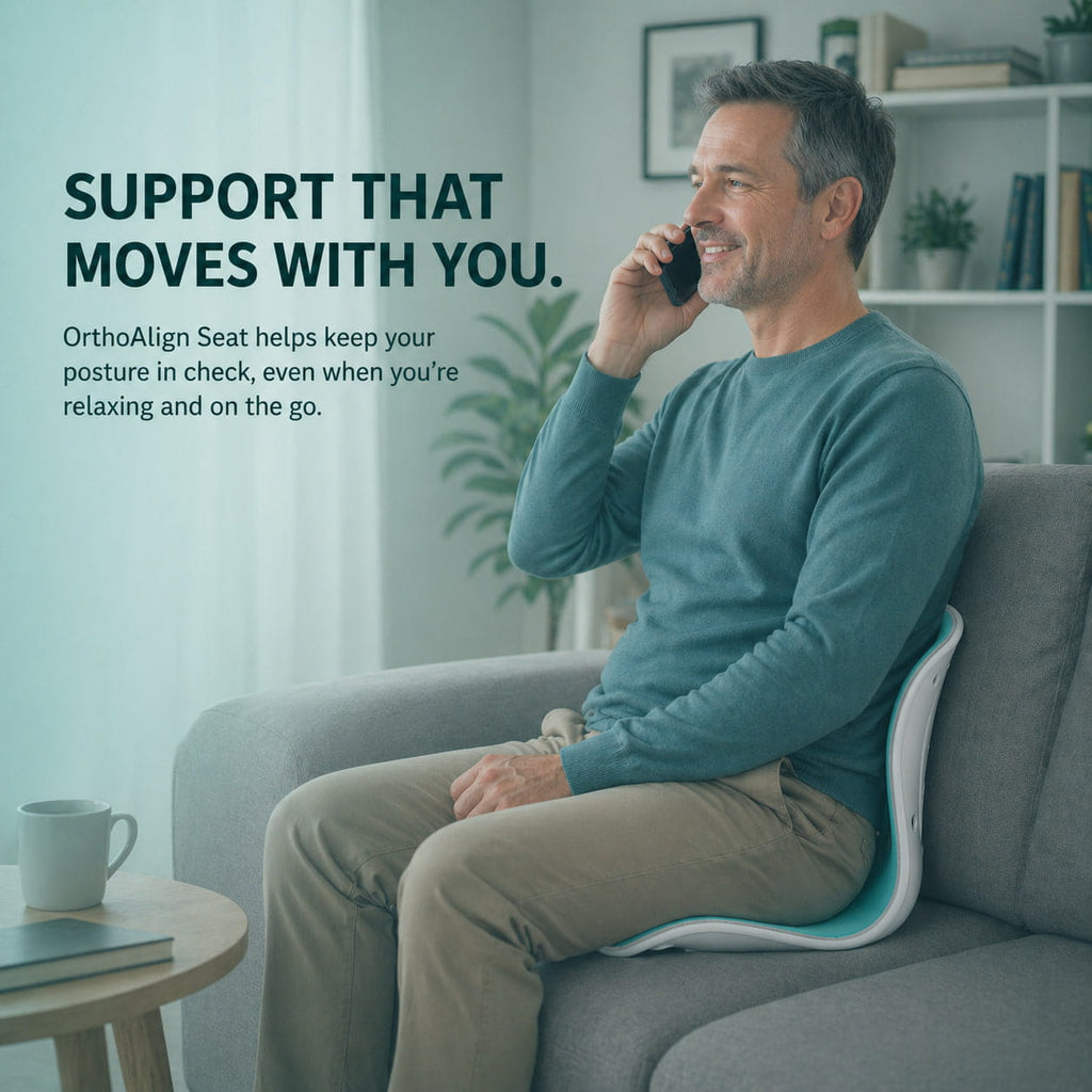 Man sitting straight on OrthoAlign Seat demonstrating proper spine alignment