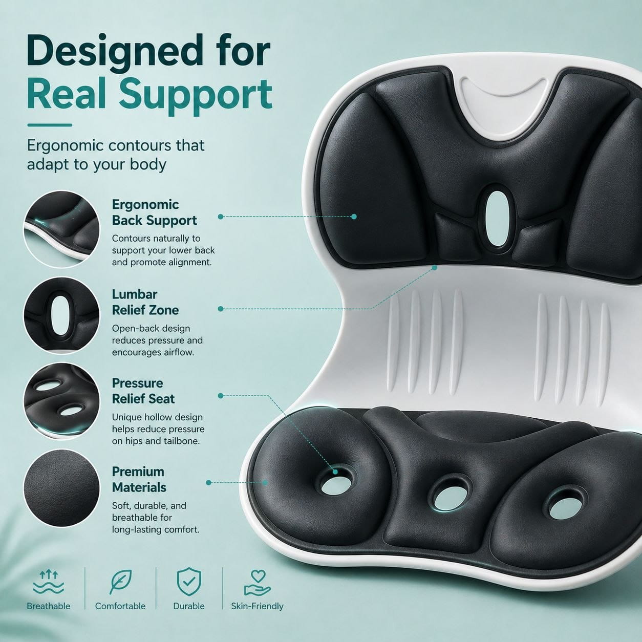 OrthoAlign Seat infographic showing ergonomic features and posture benefits