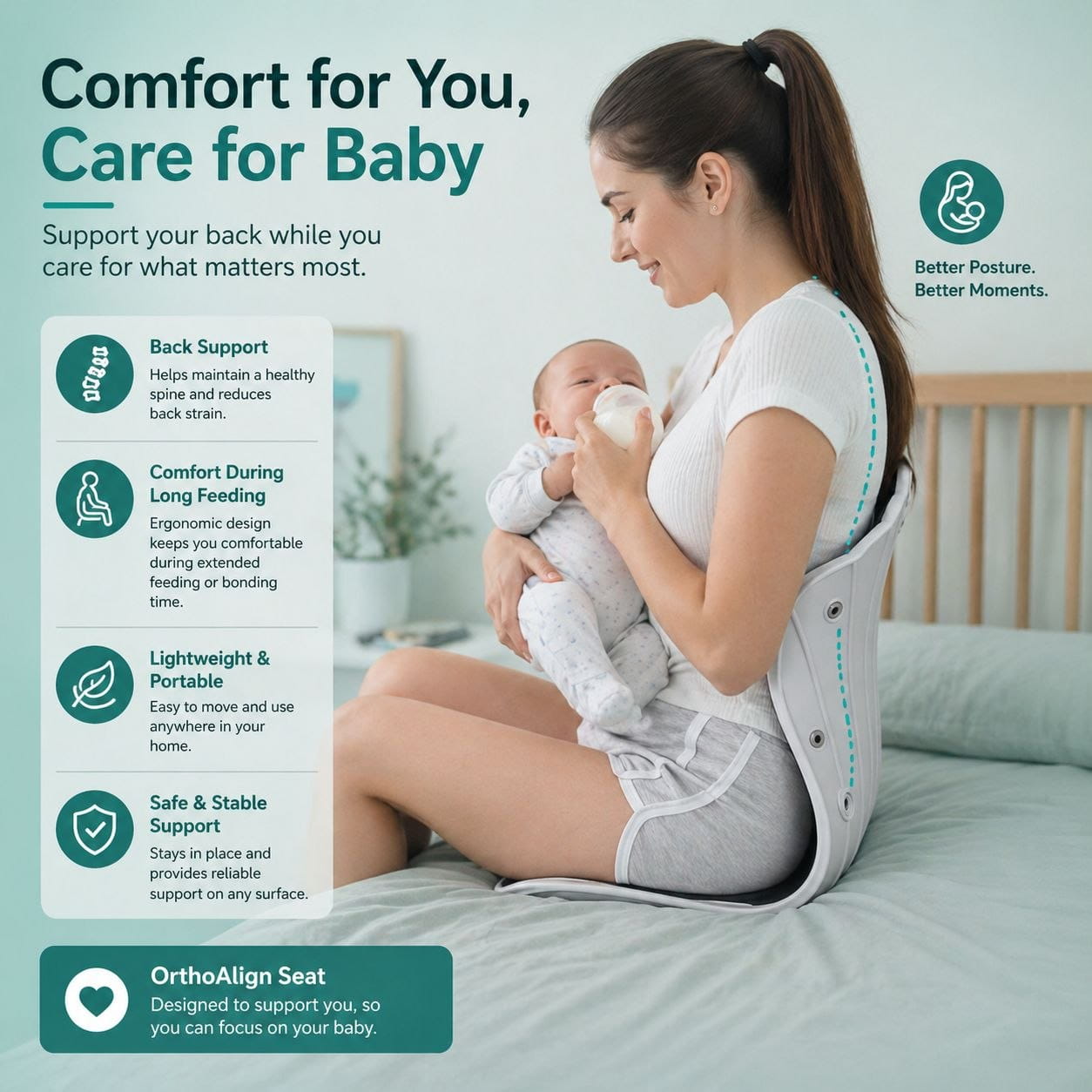 Mother feeding baby while sitting with OrthoAlign Seat for back support and comfort during long nursing sessions