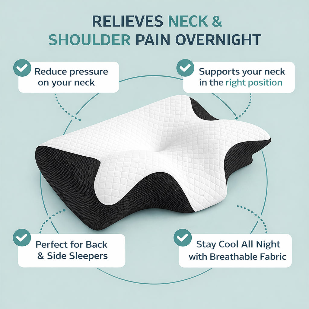 OrthoCloud contour pillow highlighting neck and shoulder pain relief, ergonomic support, and breathable cooling fabric for side and back sleepers.