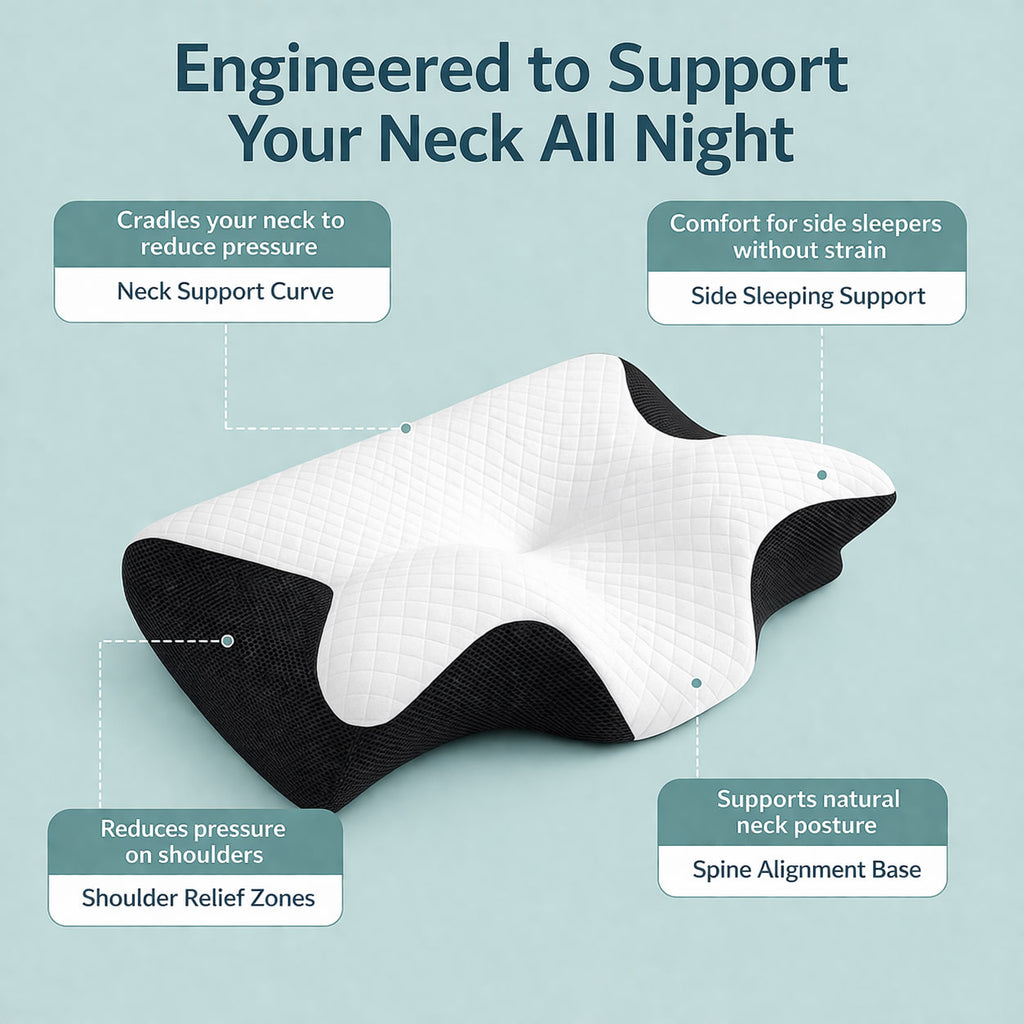 OrthoCloud contour pillow diagram highlighting neck support curve, side sleeping support, shoulder relief zones, and spine alignment design.