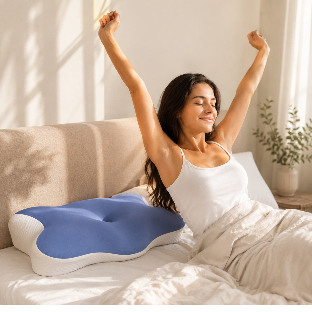 Woman waking up refreshed after sleeping on the Oasisleep Solace Pillow