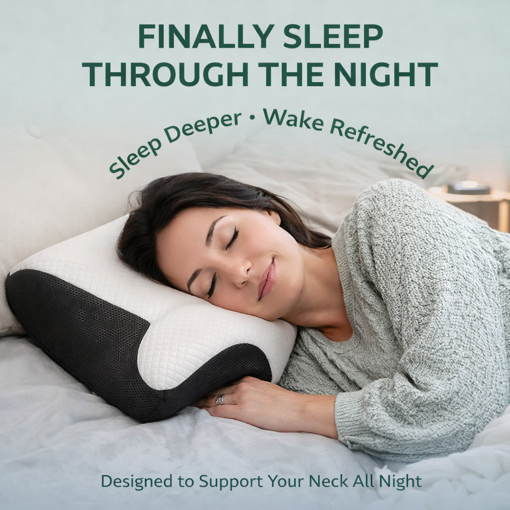 Woman sleeping peacefully on the OrthoCloud contour pillow designed to support the neck for deeper and more comfortable sleep.